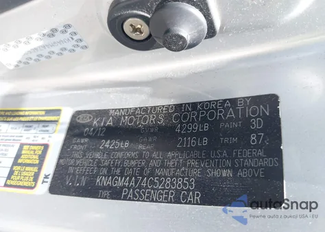 2012 Kia Optima Lx из США, поврежденный, VIN KNAGM4A74C5283853